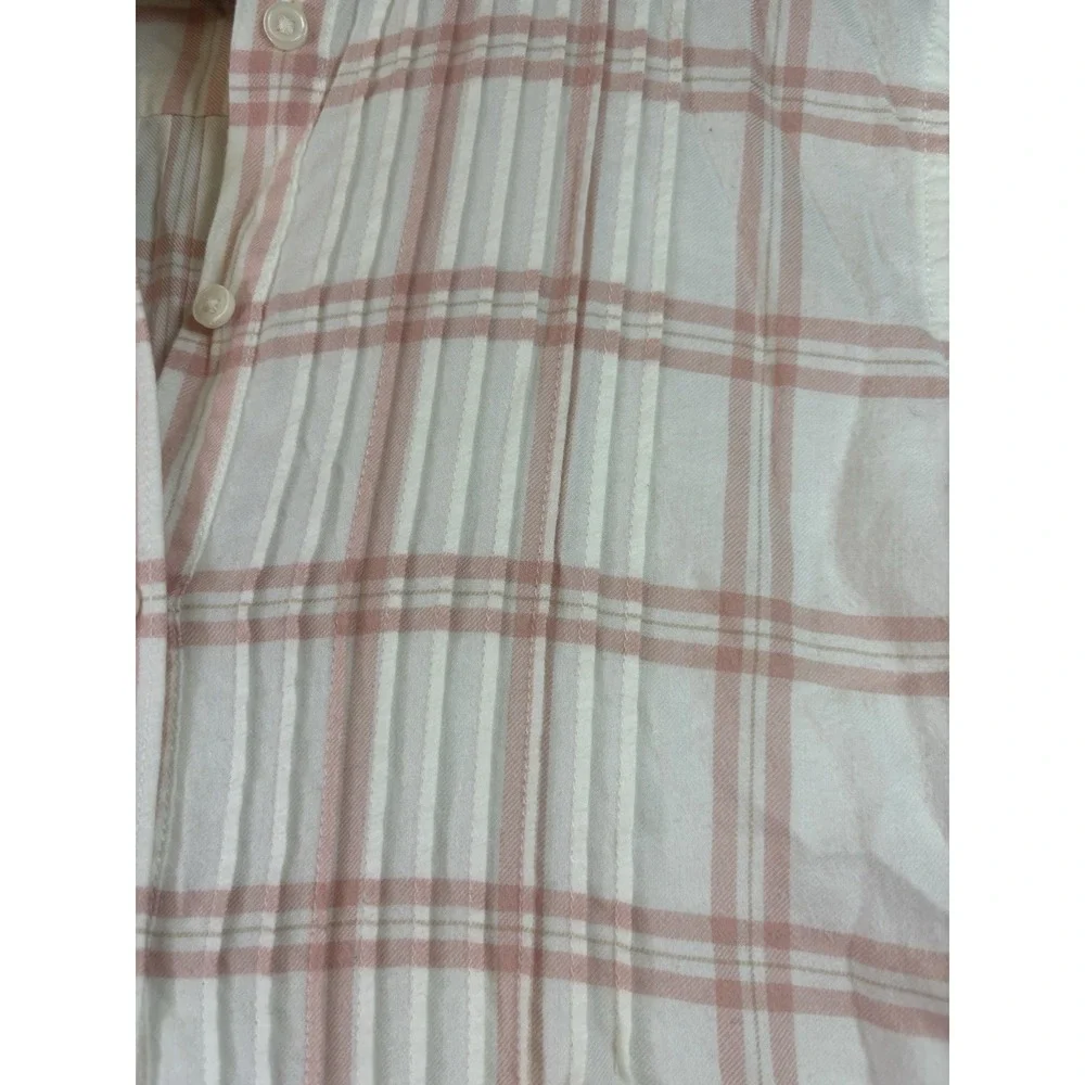 Lands End Pink Ivory Cotton Flannel Plaid Shirt Sz 6 Pintucks Roll Tab Sleeve